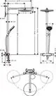 Hansgrohe Duschsystem mit Kopf- und Handbrause, Thermostat und flexiblen Halterungen. Sichtbare Maße und Installationsdetails sind abgebildet.